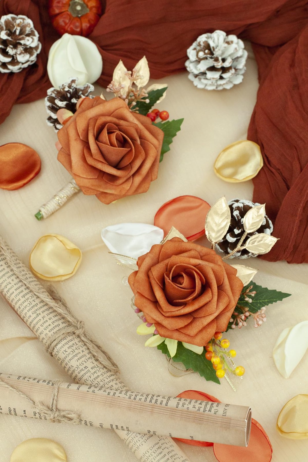 Burnt Orange Wrist Corsage and Boutonniere Set for Wedding Prom Homecoming Ar…