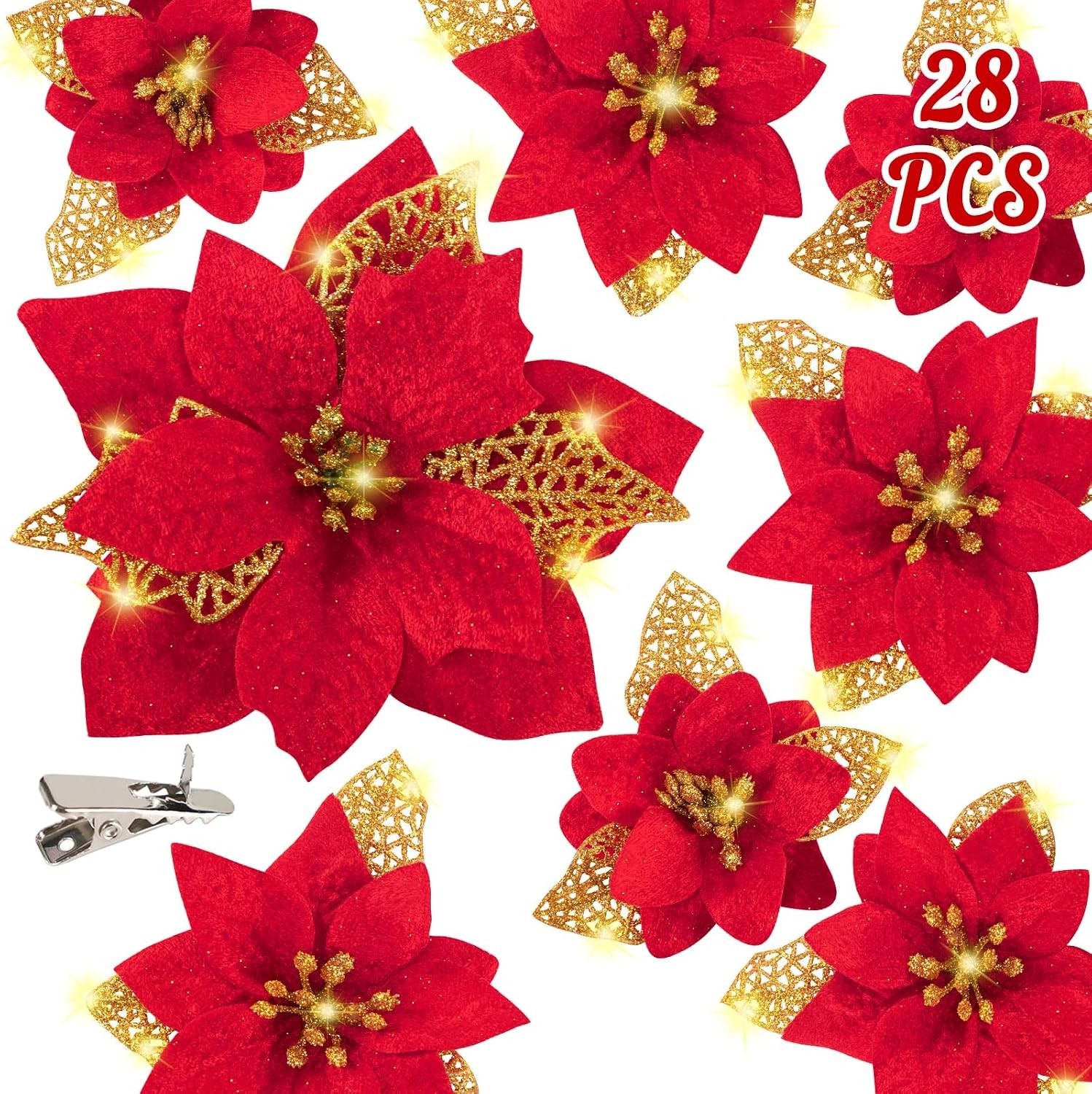 28PCS Christmas Tree Decorations: Poinsettias Artificial Flowers Ornaments Xm…