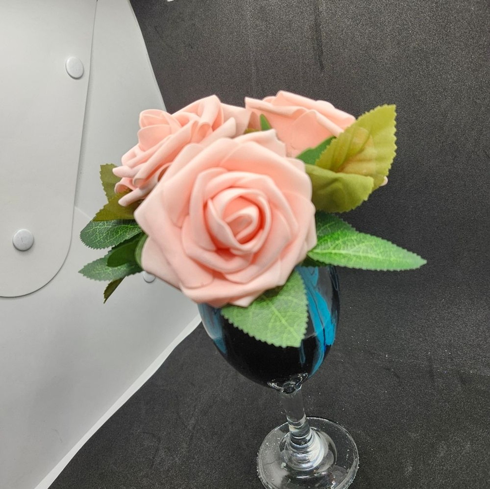 Hand Crafted Floral Table Centerpiece Summer Peach Roses Flower Wine Glass