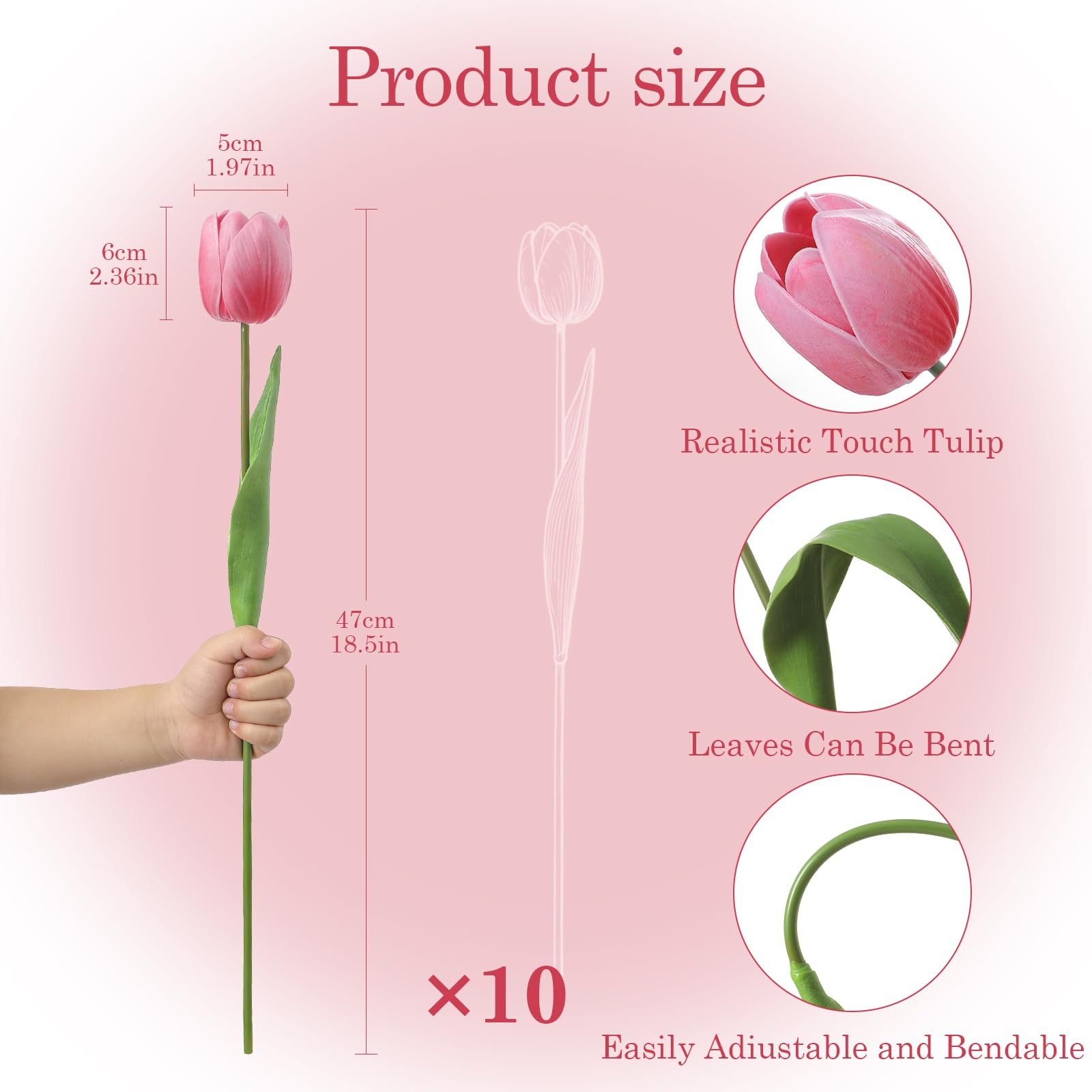 18.5 Inch Pink PU Artificial Real Touch Fake Tulip Spring Easter Decoration
