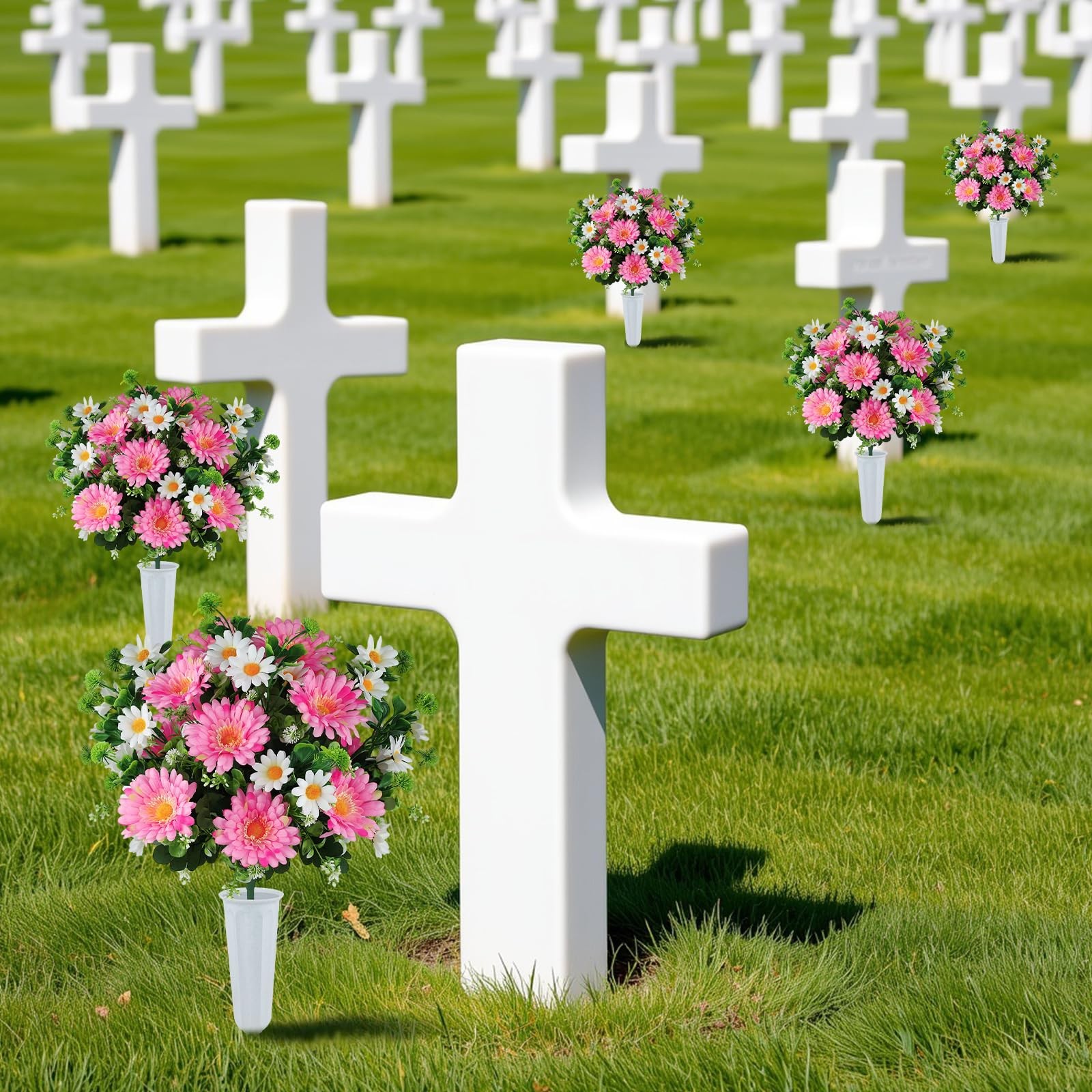 Artificial Cemetery Flowers for Grave with Vase, 24 Branches Daisy Fake Silk