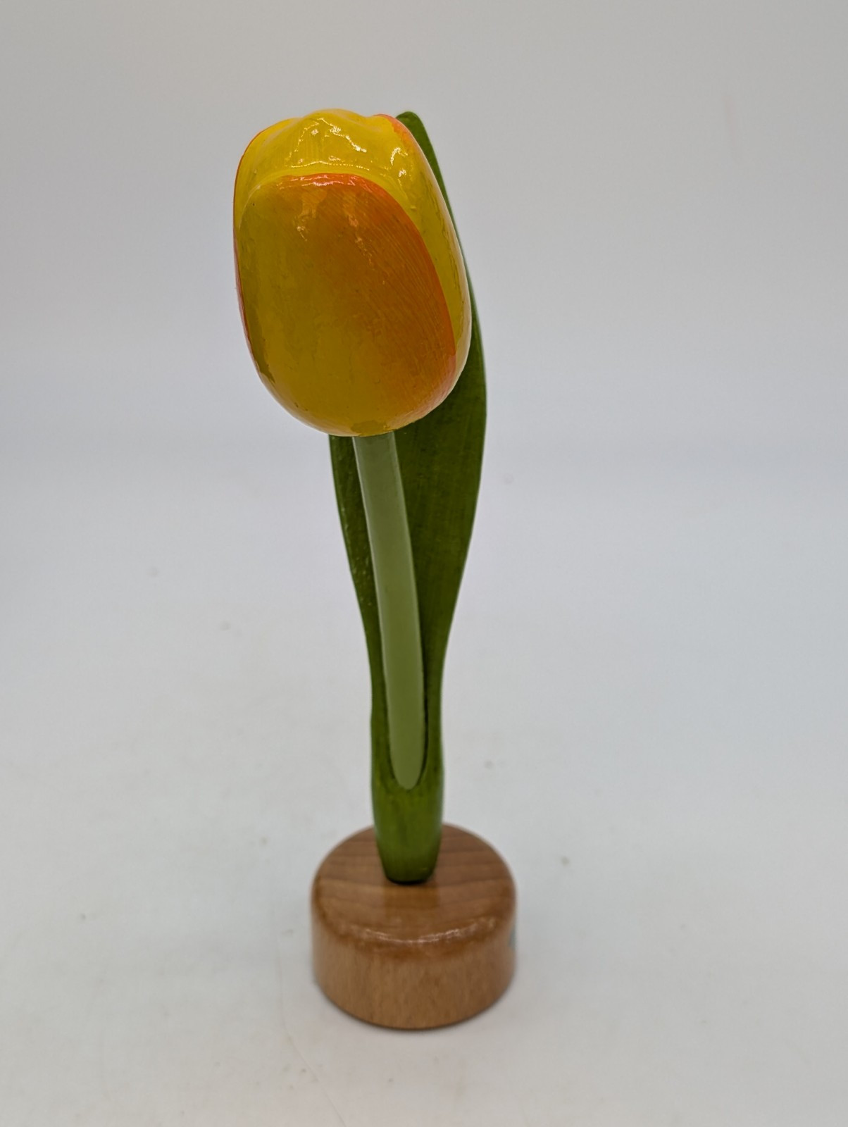 Hand Carved and Painted Wooden Flower Tulip Yellow Tiqets Holland Dutch In Base