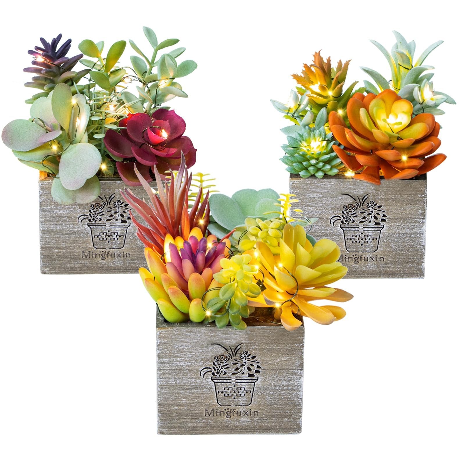 Artificial Succulents Plants With Lights Small Faux Potted Decor Office