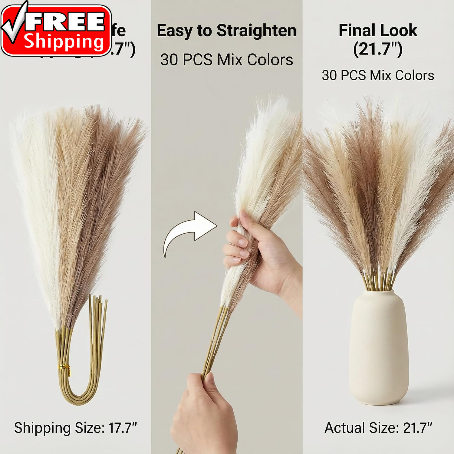 Pampas Grass Decor 21.7 Inch 30Pcs, Faux Pampas Grass White Beige Brown Ultra Fl