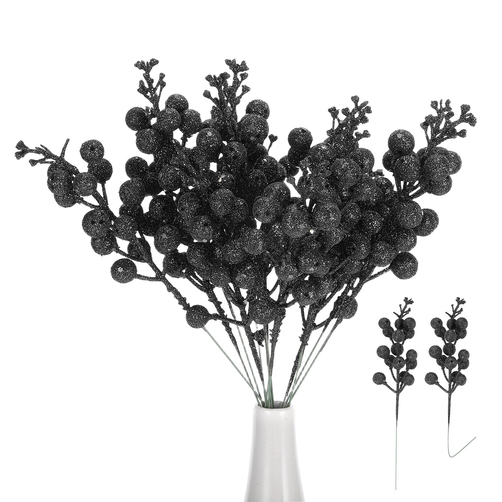 15Pcs Christmas Glittered Berries Stems(Black)