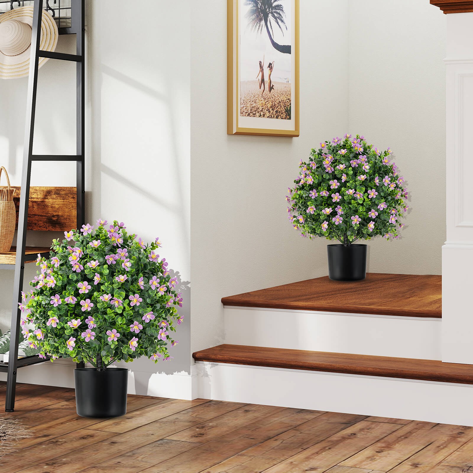 2 Pack Artificial Boxwood Topiary Ball Tree Faux Shrub Bushes w/ Flowers