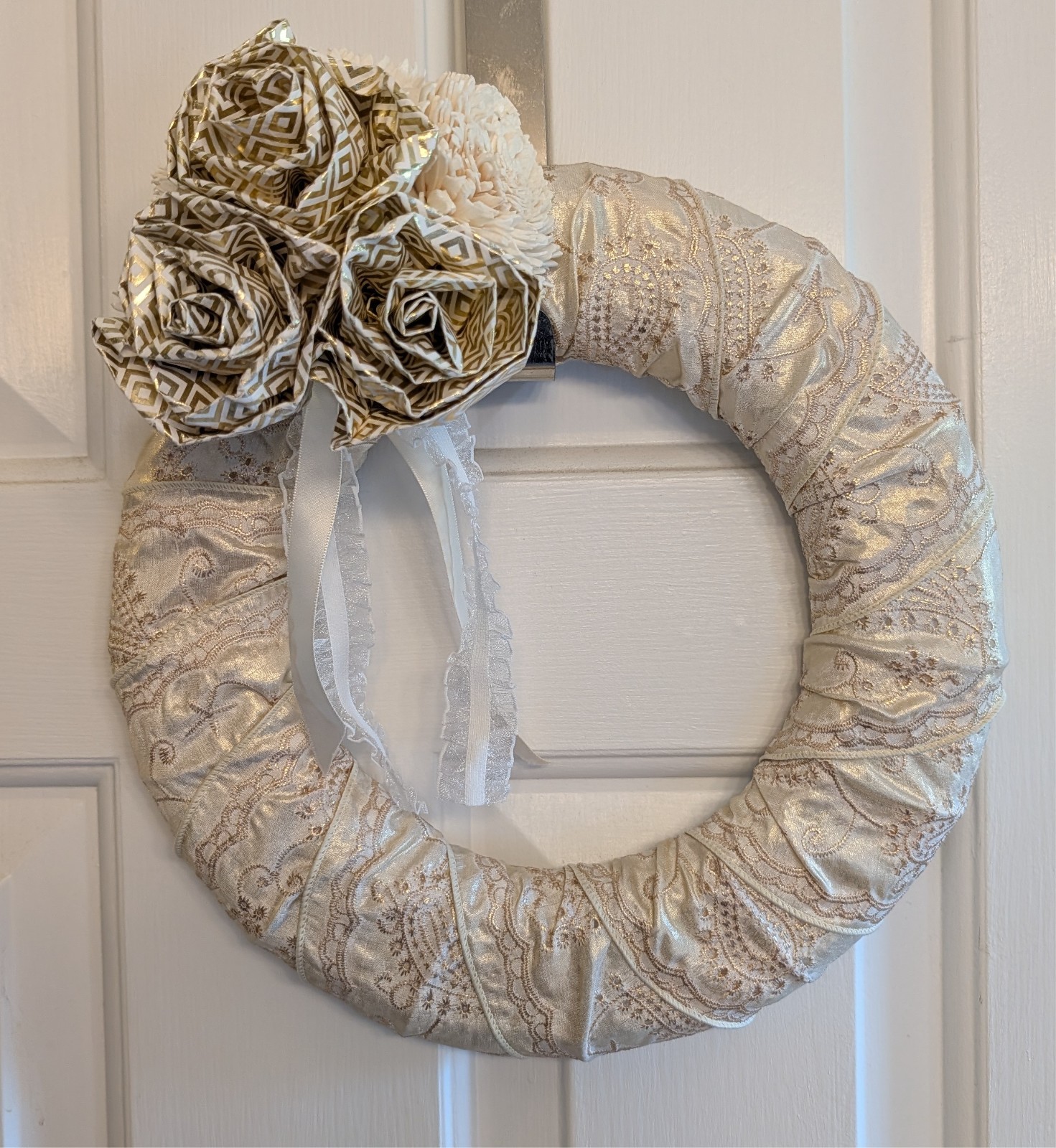 11″ handmade wreath gold, cream & white colored ribbon flowers wall decor