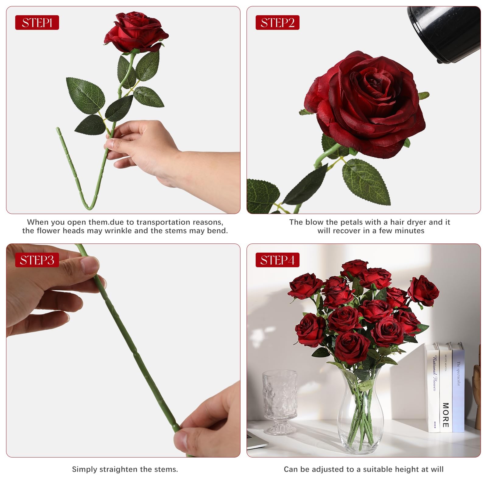 12pcs Red Roses Artificial Flowers,Realistic Long Stem Fake Silk Roses Bouque…