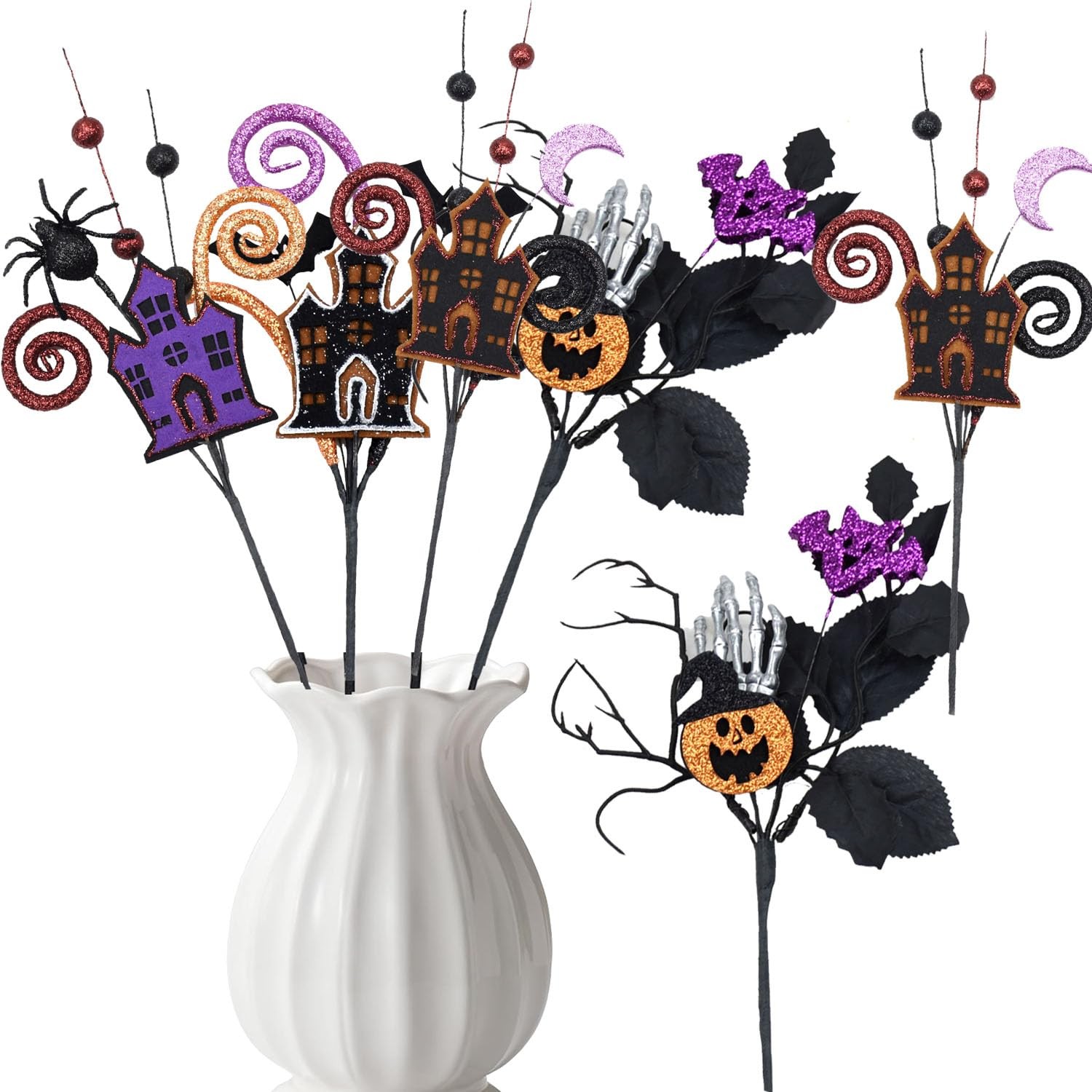 4 Pcs Artificial Halloween Floral Picks Purple Orange Black Berry Stems Hallo…