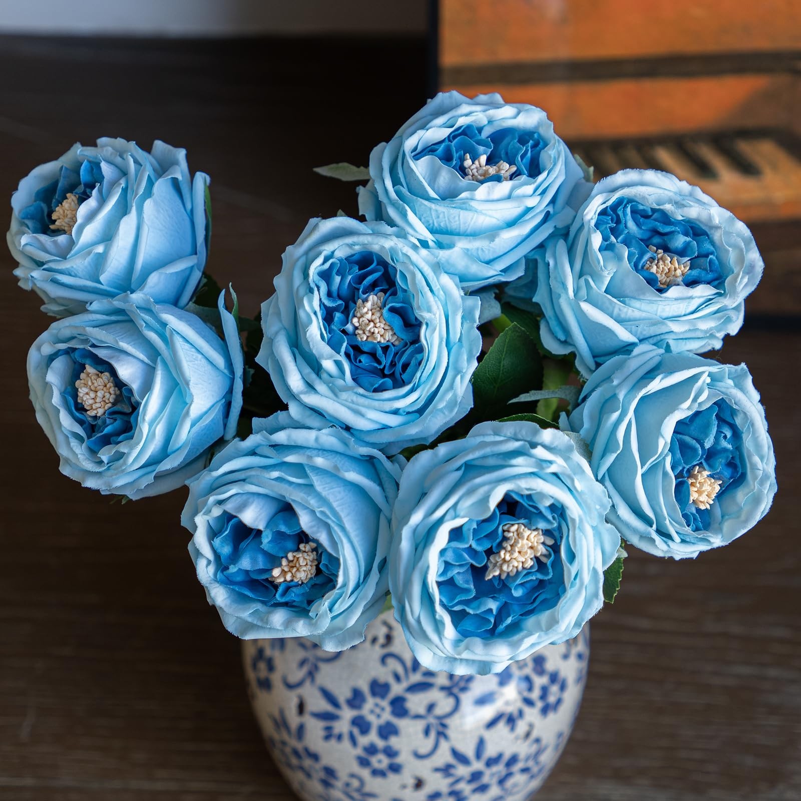 4-PCS Deep Blue Artificial Austin Rose Peony Real Touch Latex Flowers