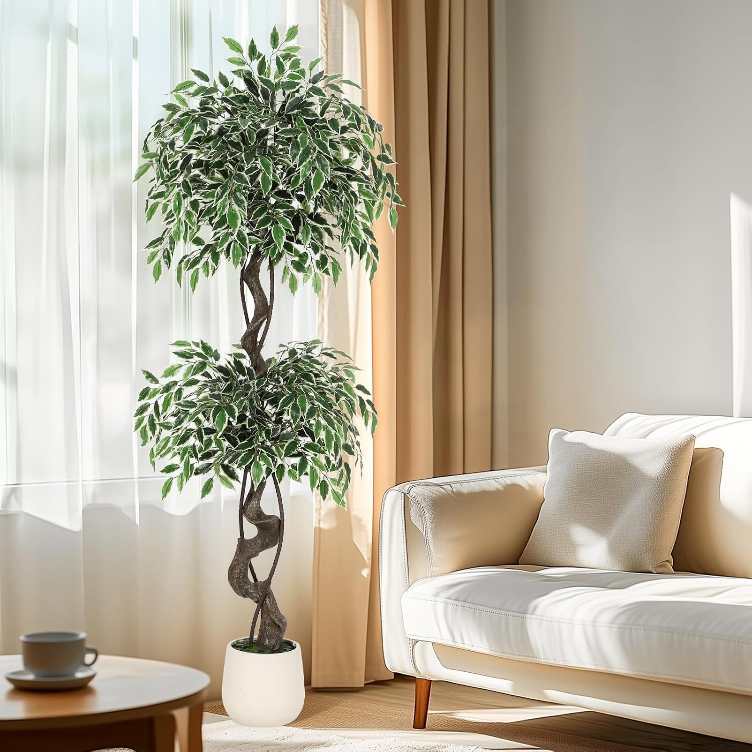 GRAVEE 5ft Artificial Ficus Tree Tall Fake Indoor Plant White Planter Pebbles