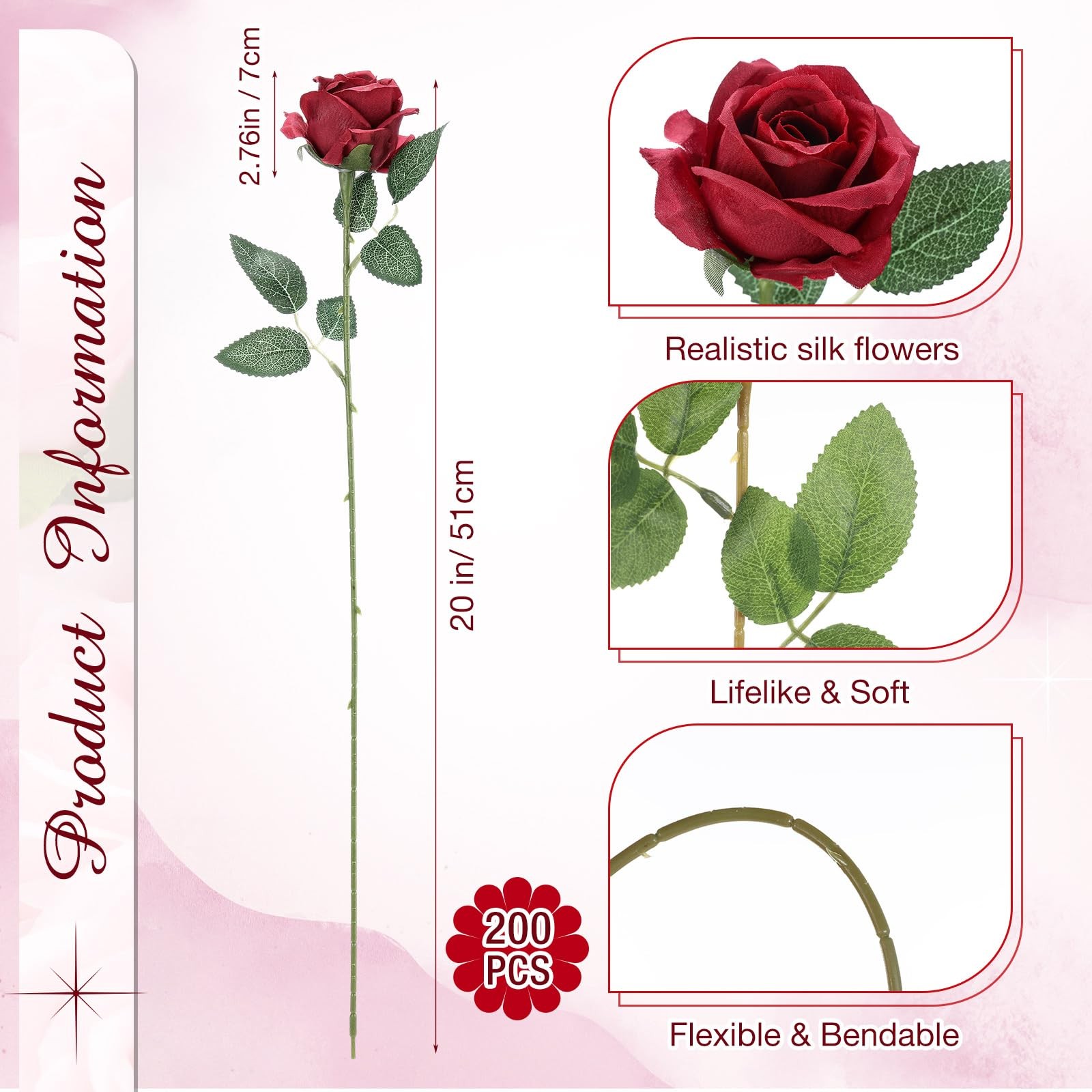 200 Pcs Artificial Roses Realistic Flowers Bulk Real Looking Fake Silk Rose B…