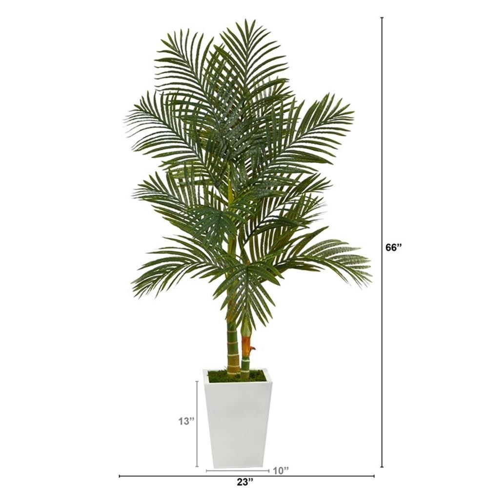Pemberly Row 66″ Golden Cane Artificial Palm Tree in White Planter – Green/Black