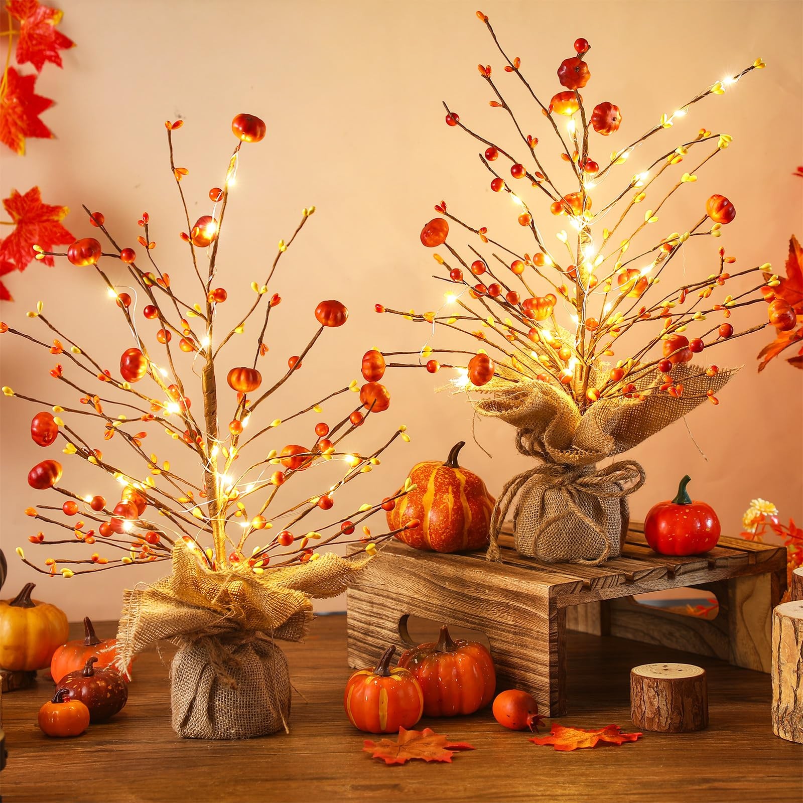 2 Pcs Thanksgiving Lighted Fall Tree Tabletop LED 18 Inch Pumpkin Decor