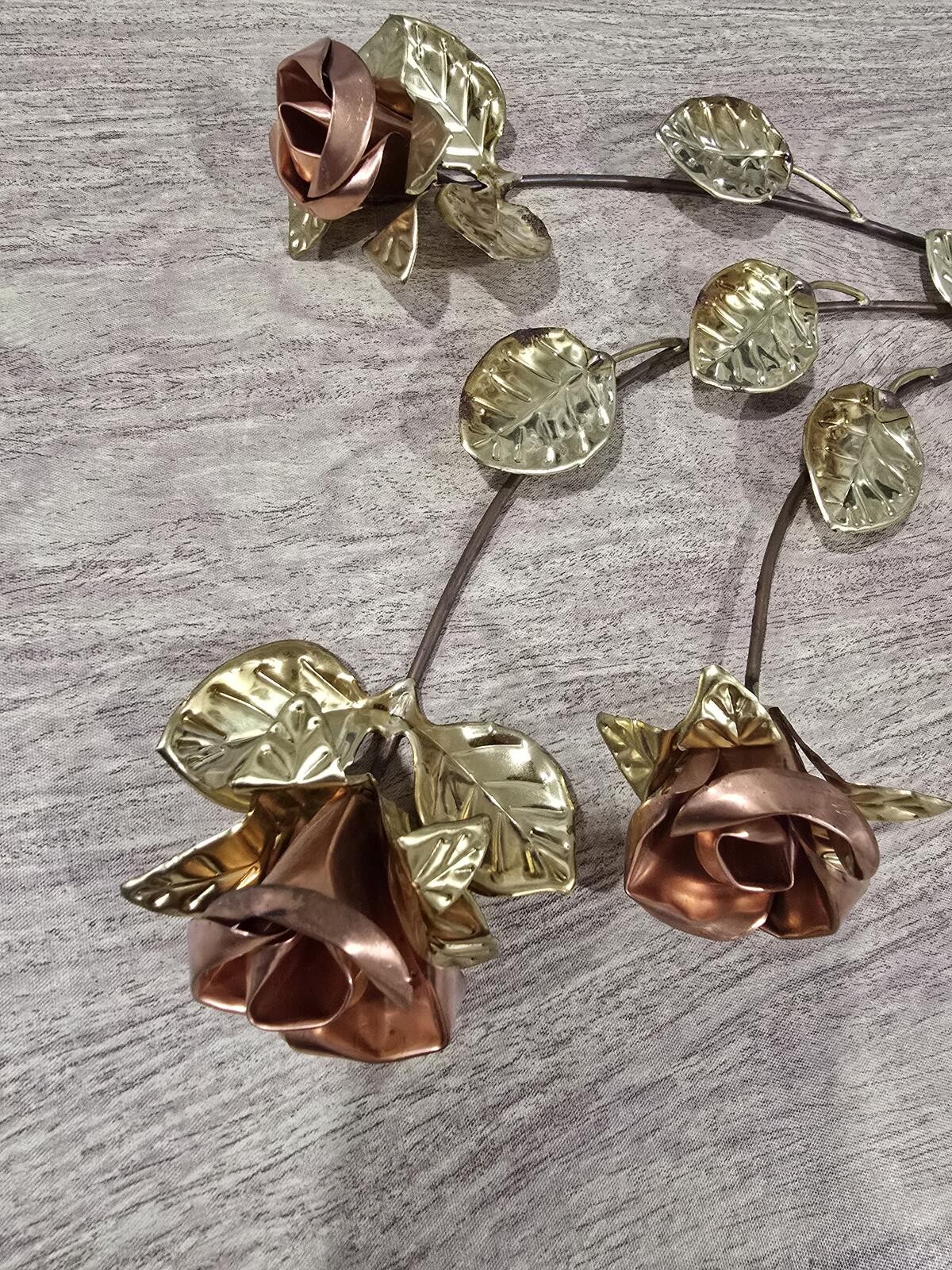 Vintage MCM Brass Rose Bouquet Wall Art with Butterfly Accent 19in Homeco 1970s