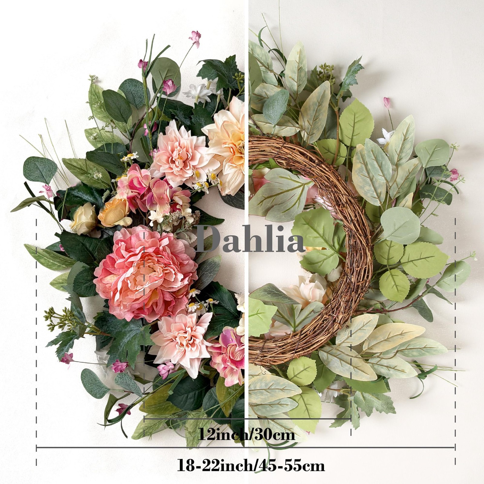 18″ Artificial Floral Wreath – Dahlia, Peony & Daisy for Front Door, Home Décor