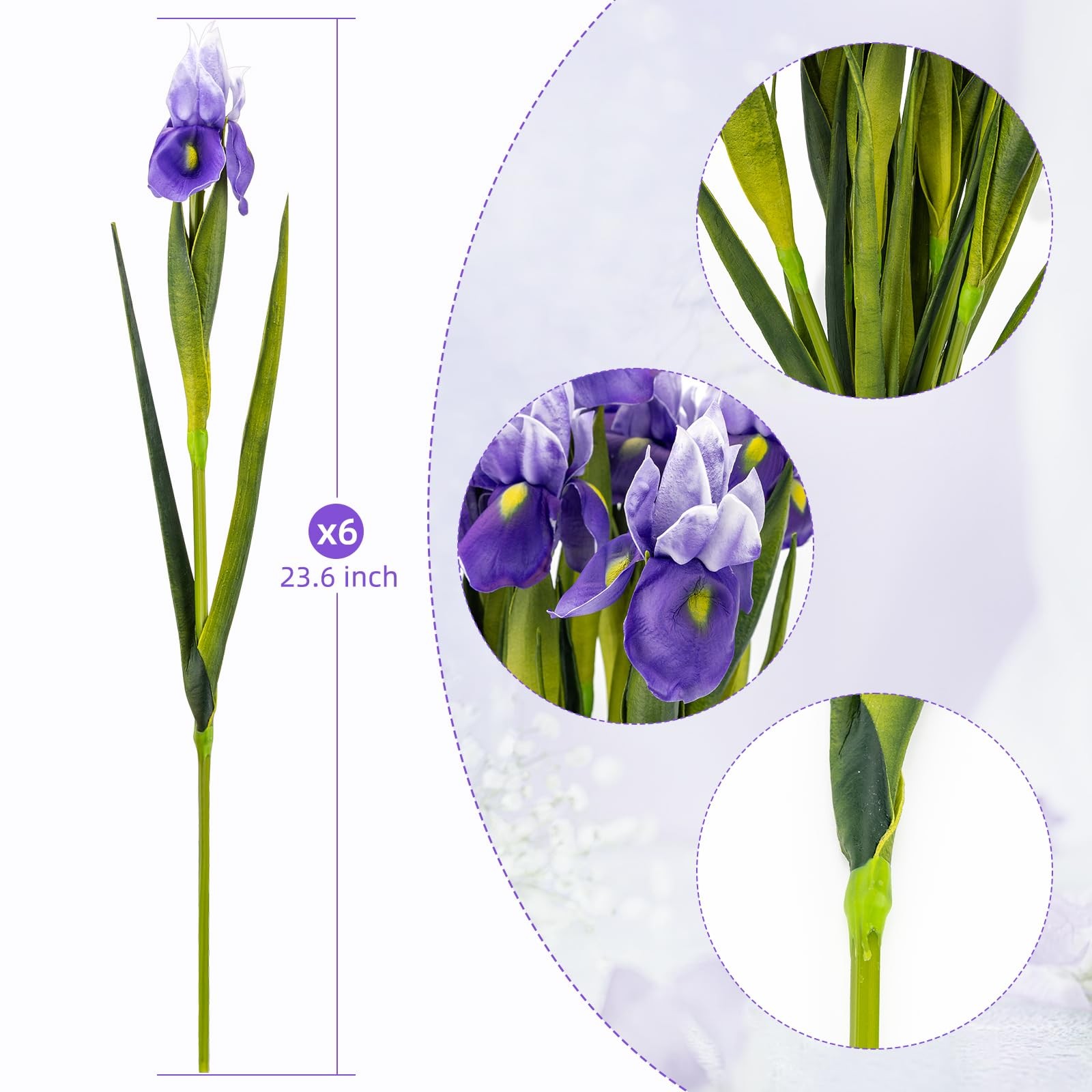 OBDXZHC 6 Pcs 23.6”Artificial Iris Flowers Real Touch Faux Long Stems Fake Pu…