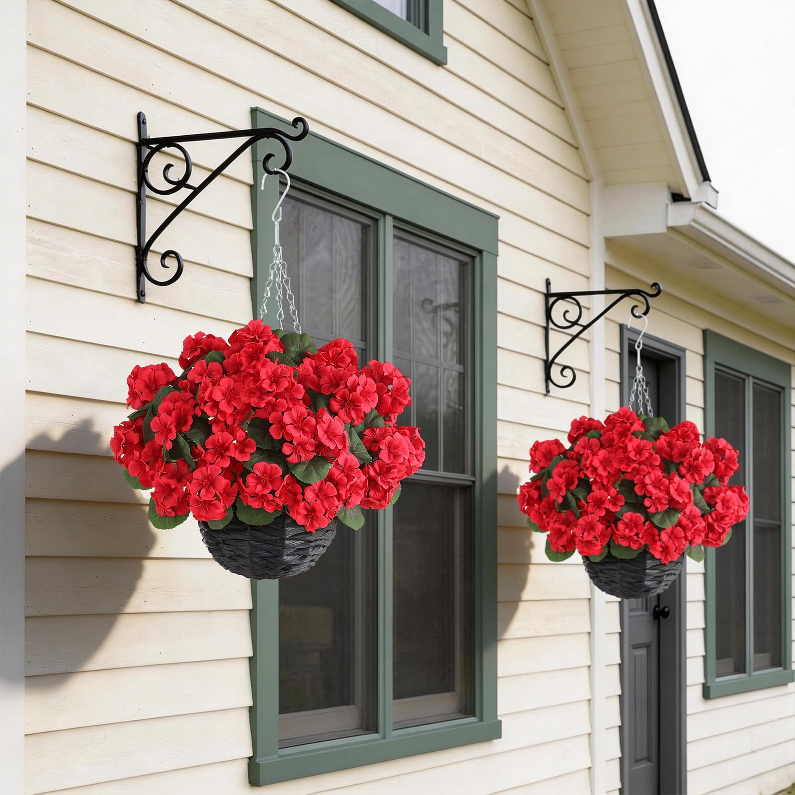 2 Set Artificial Geraniums Flowers with Hanging Baskets for Outdoors – Sun Re…