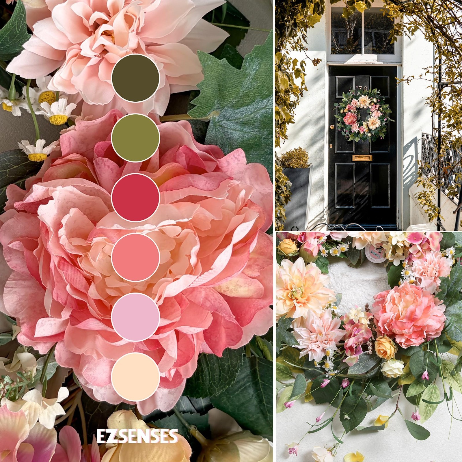 18″ Artificial Floral Wreath – Dahlia, Peony & Daisy for Front Door, Home Décor