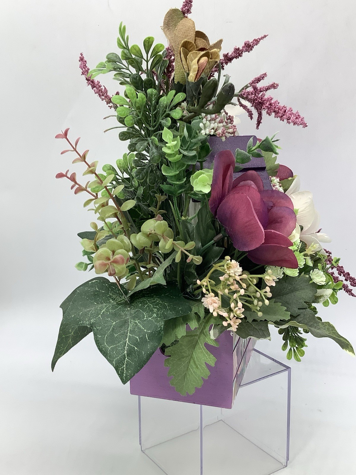 Handmade Purple Floral Arrangement With Hand painted Wood Birdhouse