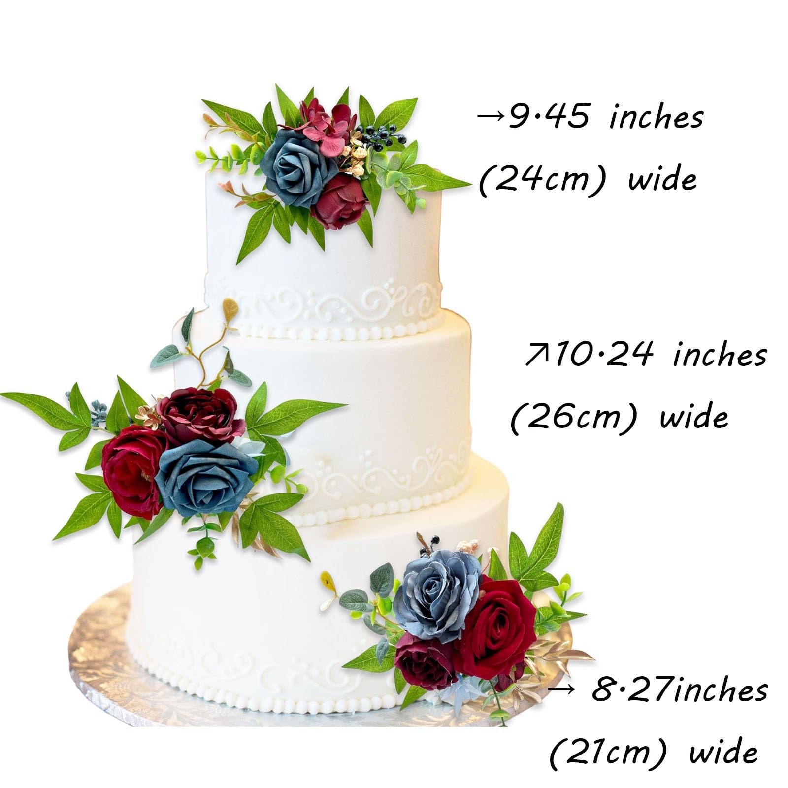 3 Pcs Wedding Cake Topper Set Artificial Flowers Decor Burgundy Navy Blue