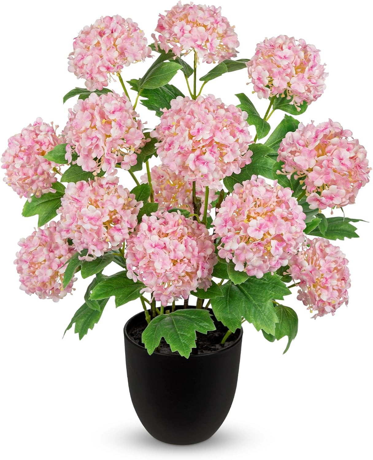 Realistic Pink Faux Hydrangea Plant in Pot – 13 Blooming Heads for Home Decor