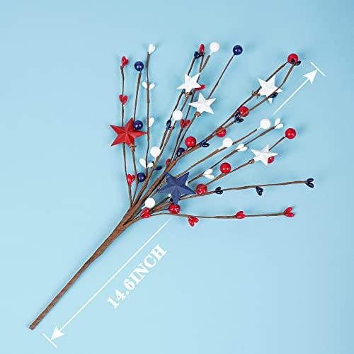 4 Pack Patriotic Artificial Berry Stem Picks White Blue Red Stars for 4th of …