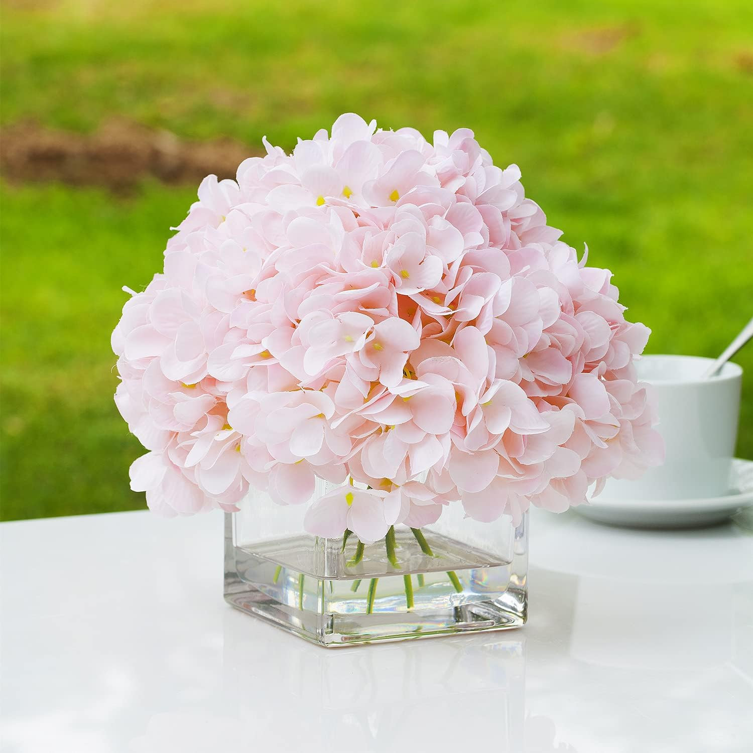 Pink Silk Hydrangea Arrangement in Cube Glass Vase with Faux Water
