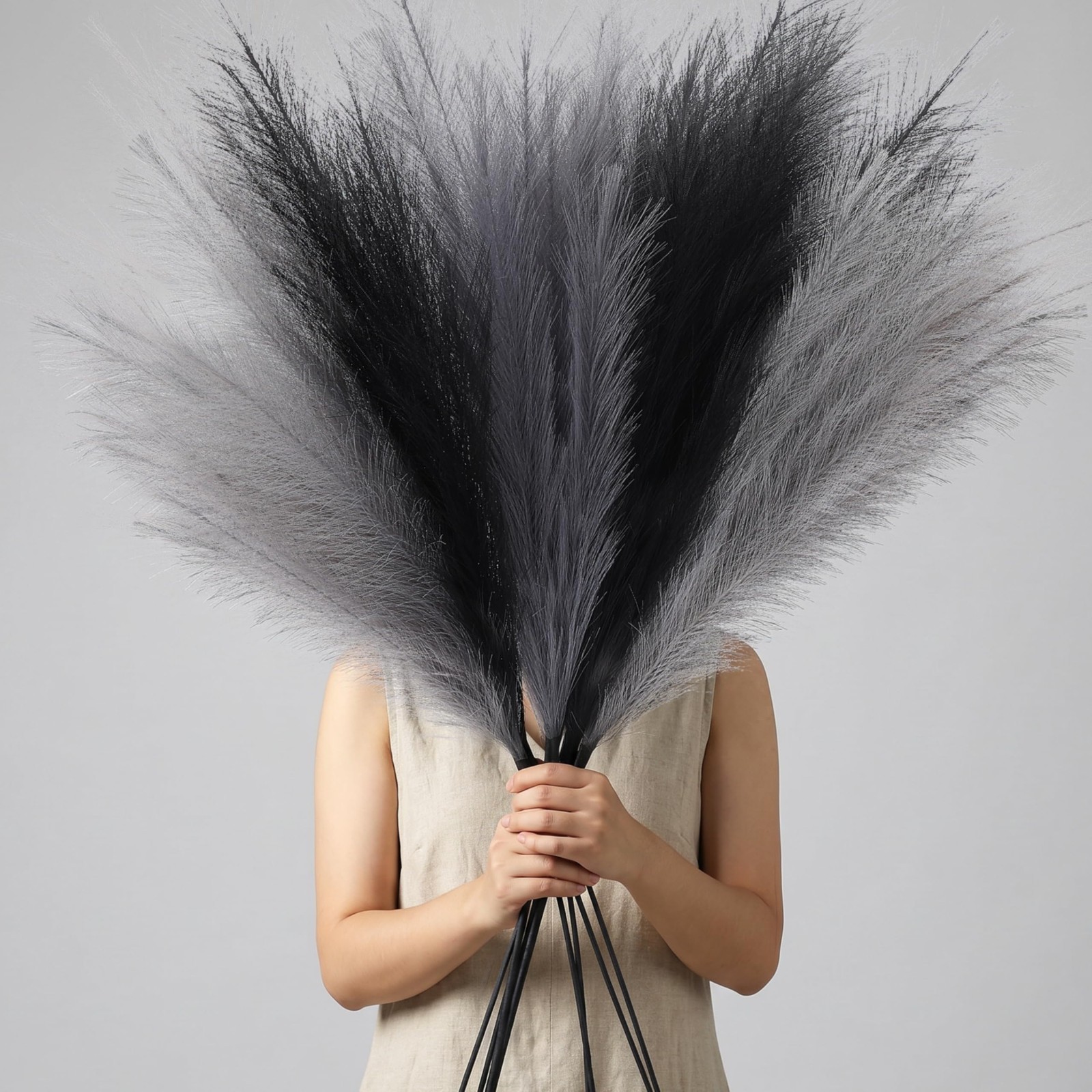 9 PCS Tall Faux Pampas Grass 37” Black Gray Fluffy Floral Decor for Vase, Boho
