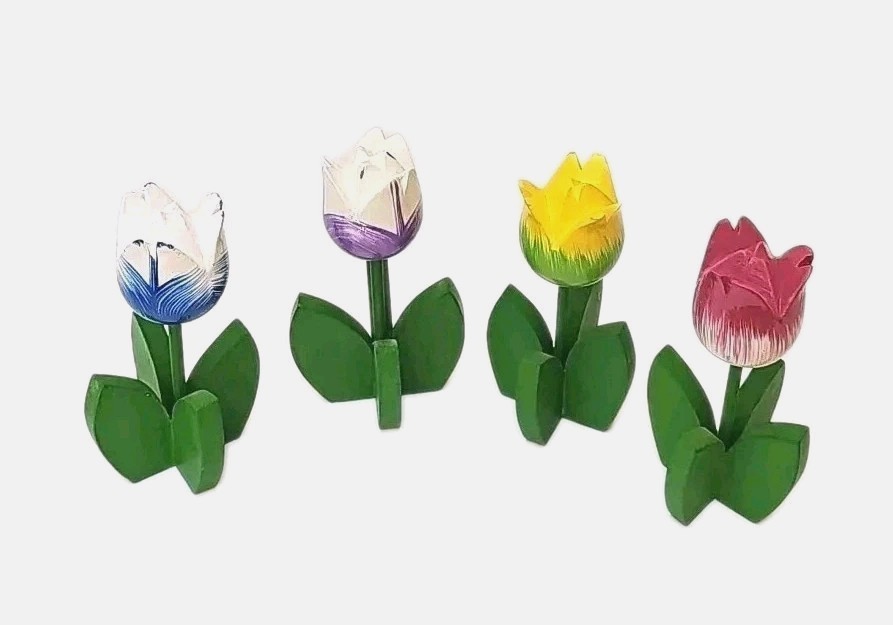 Four Wooden Multicolor Tulips Decor 5″ Tall
