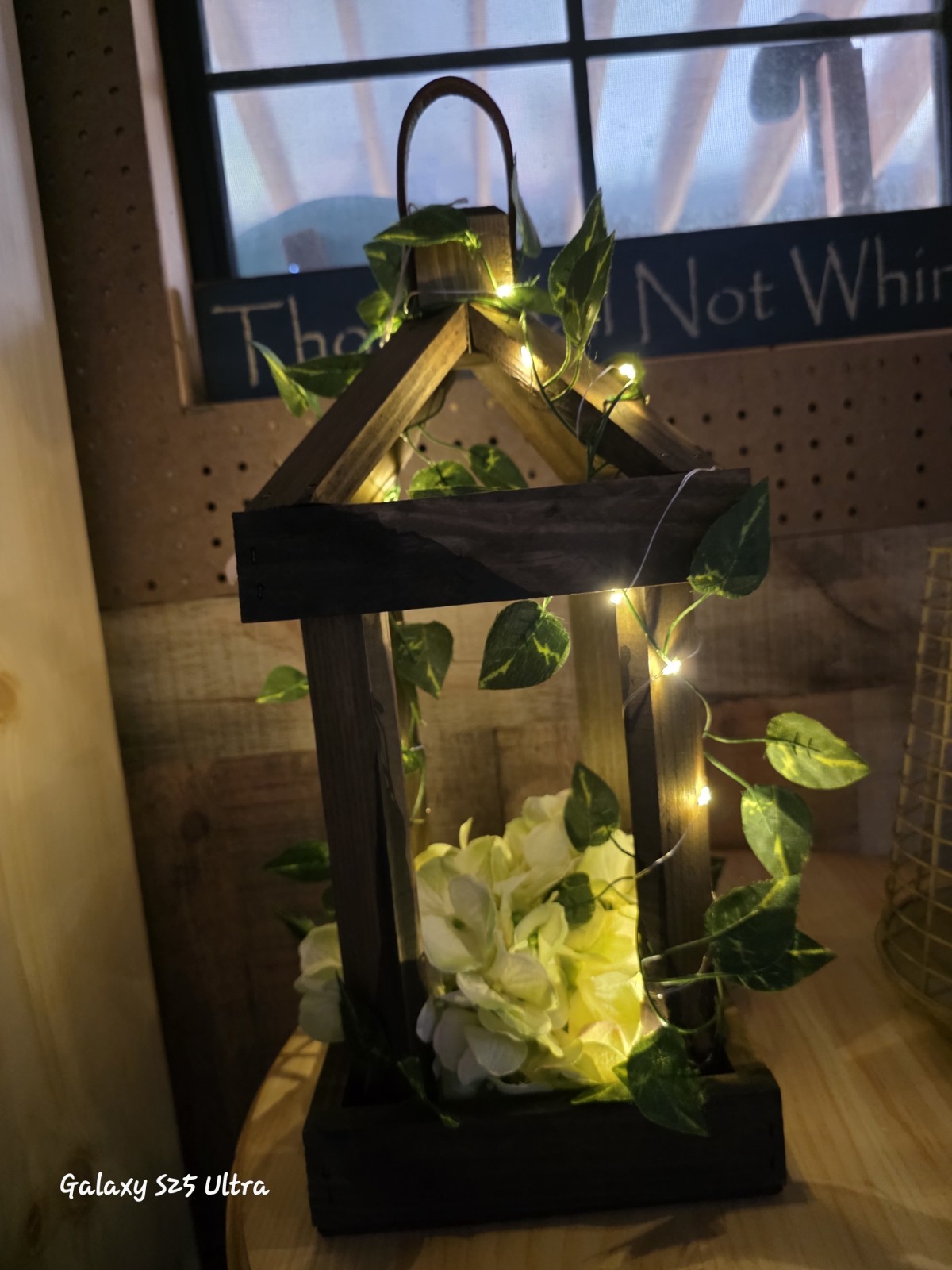 Rustic Indoor/Outdoor Wooden Lantern Centerpiec w/ Green Hydrangea Fairy Lights
