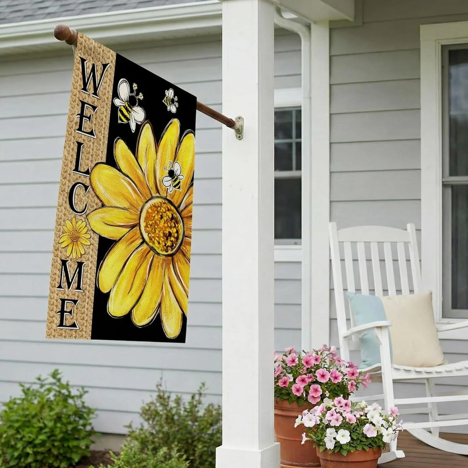 Spring Summer Bee Sunflower House Flag 28×40 Inch Double House Size-28 x 40