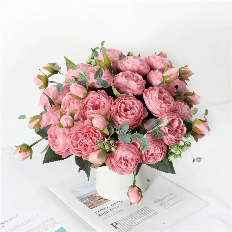 4 Bundles Peony Fake Artificial Flowers Large Bouquet Plants For Home Yard Decor