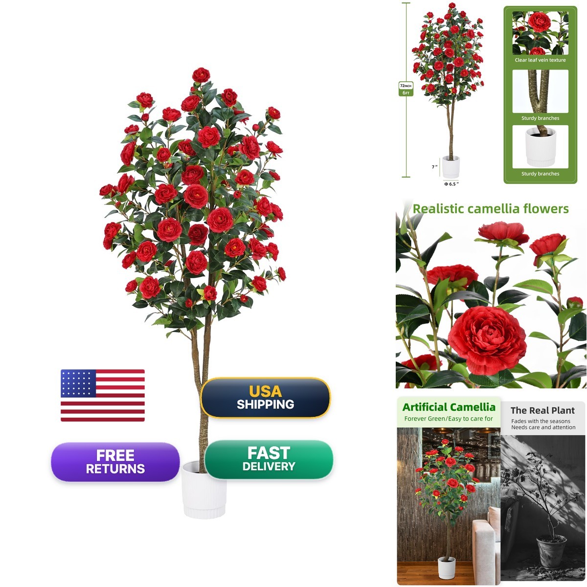 HZXGCP Artificial Camellia Tree 6FT Faux Plants Indoor, Easy Assembly
