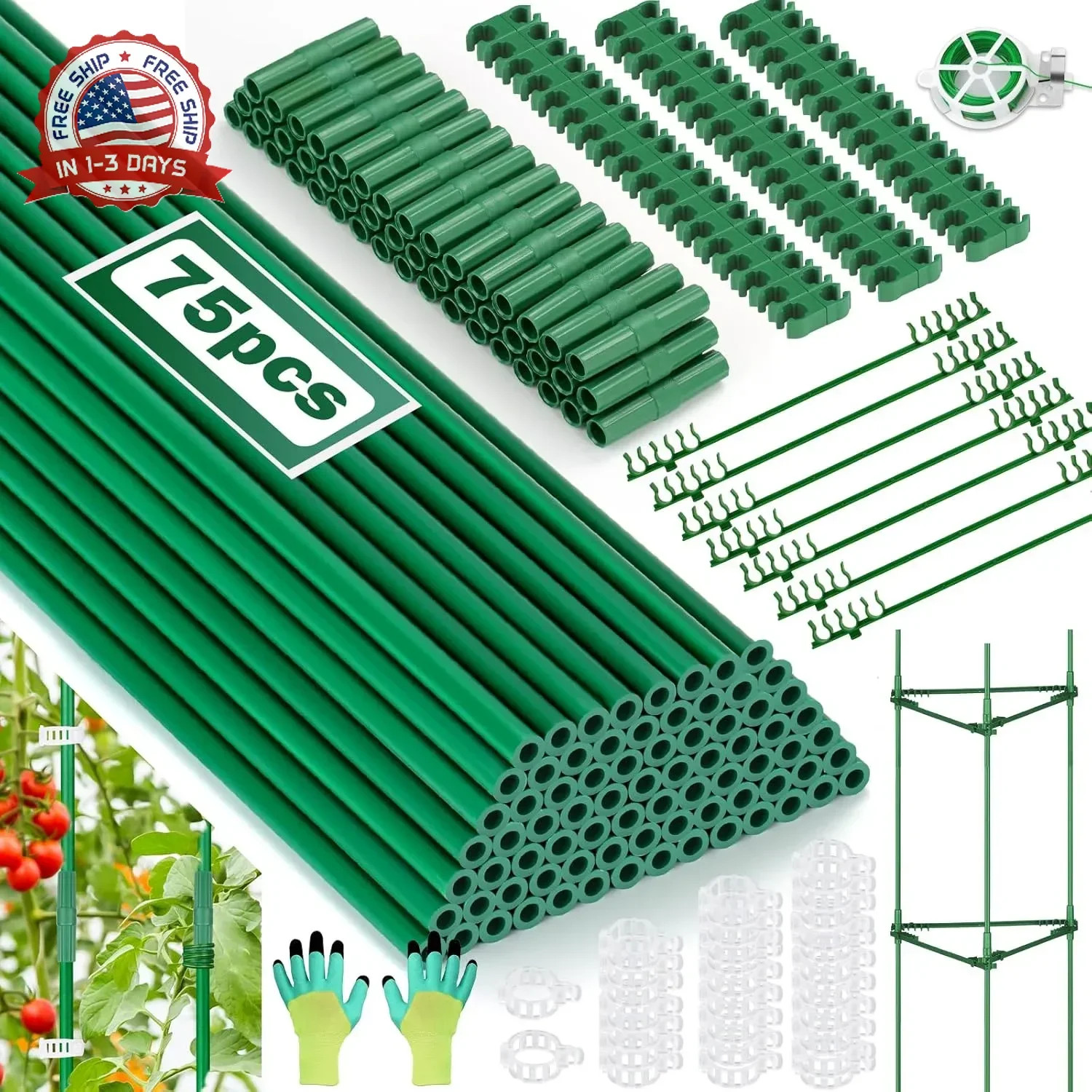 Qinzave 256PCS Garden Stakes Set with 75PCS 16 Inch Fiberglass Plant Sticks and