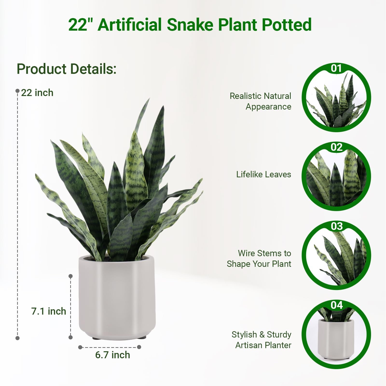 Fake Snake Plant 22″ Tall, Realistic Touch Leaves, Potted Artificial Plants I…