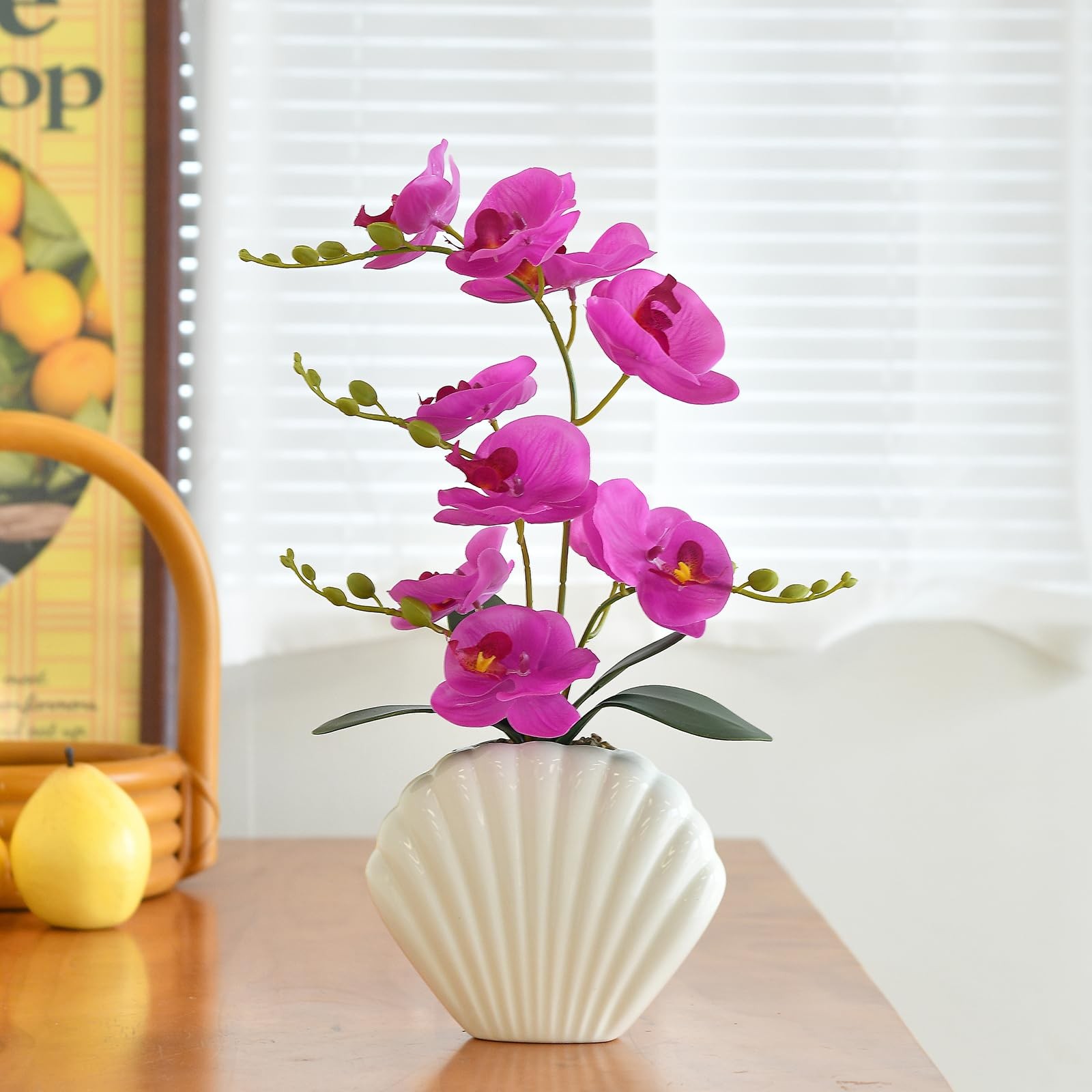 Fuchsia Artificial Phalaenopsis Silk Orchid Fake Plant Seashell Pot 16 Inch