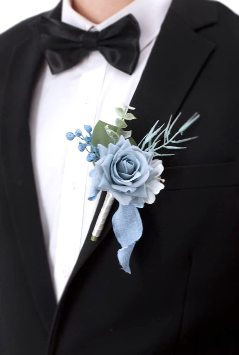 Dusty Blue Boutonniere for Men Set of 6 for Groom Best Man Groomsmen