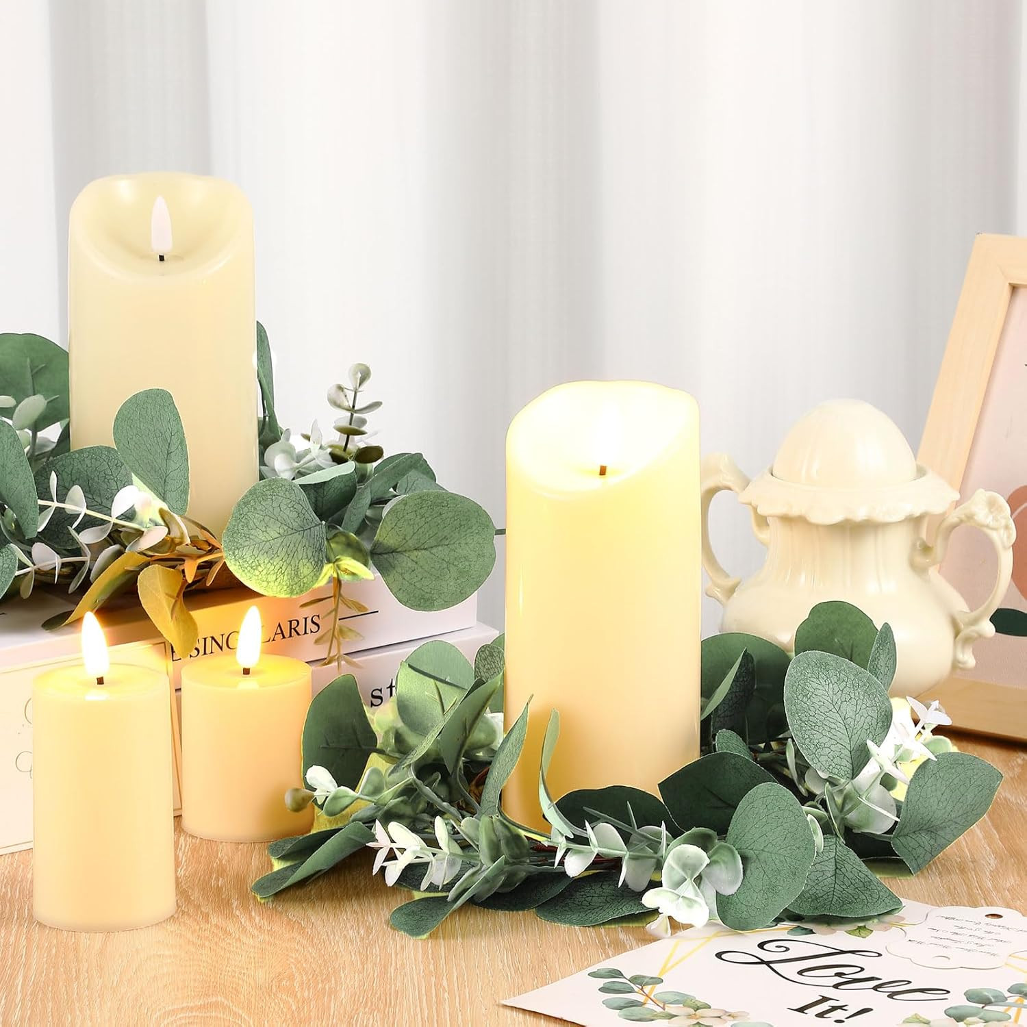 10 Set Eucalyptus Candle Rings with Flameless LED Pillar Candle Holders