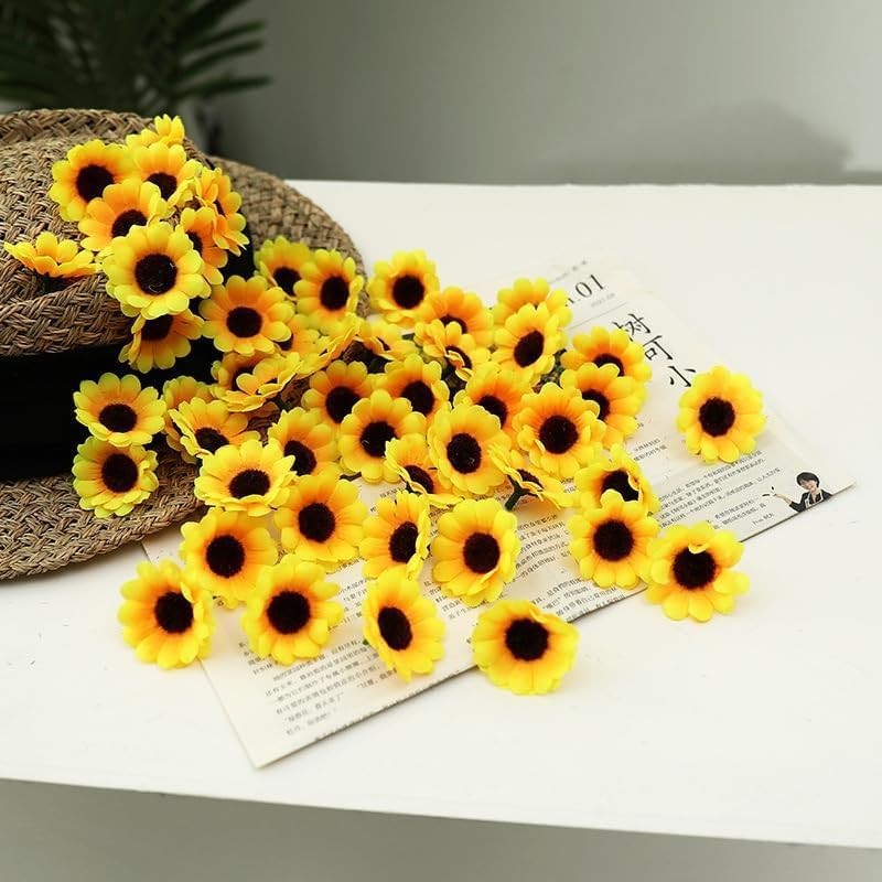 Yellow Mini Artificial Flower Heads 100 PCS Fake Sunflower Fabric Craft Decor
