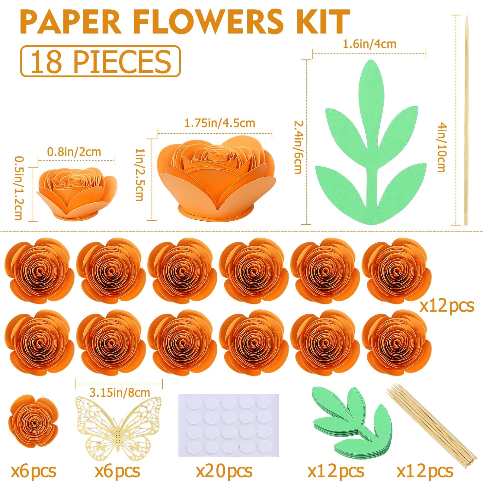 18 PCS Orange Artificial Roses Paper Flowers Mini Crafts DIY Halloween Decor