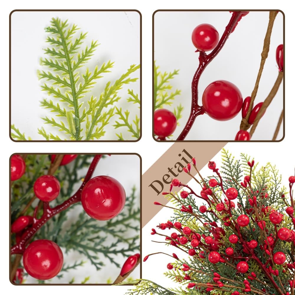 6 PCS Christmas Floral Red Berry Picks 17 Inch Holly Berries Tree Decoration