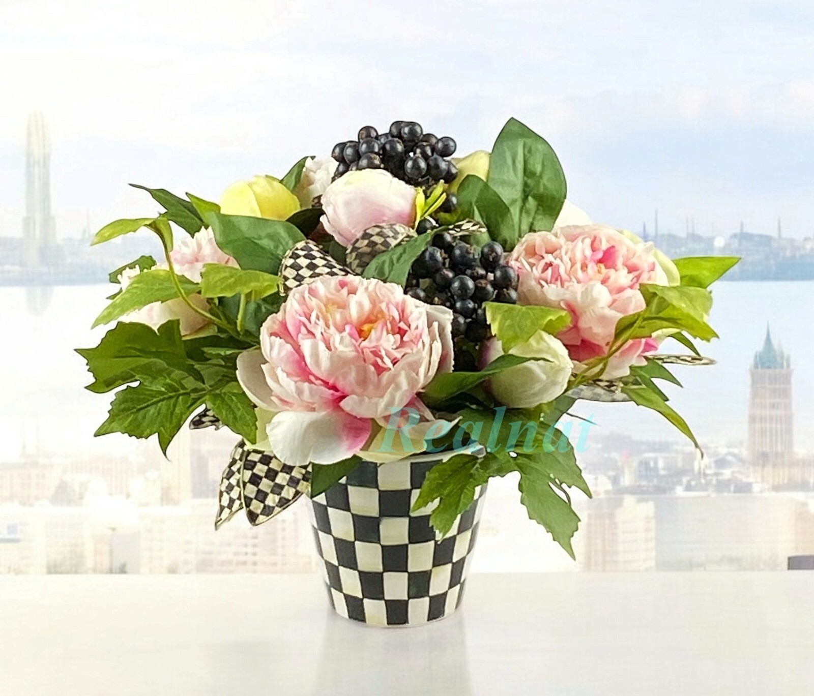MacKenzie-Childs PEONY ARRANGEMENT COURTLY CHECK POT & LEAVES 11″ NEW NO BOX