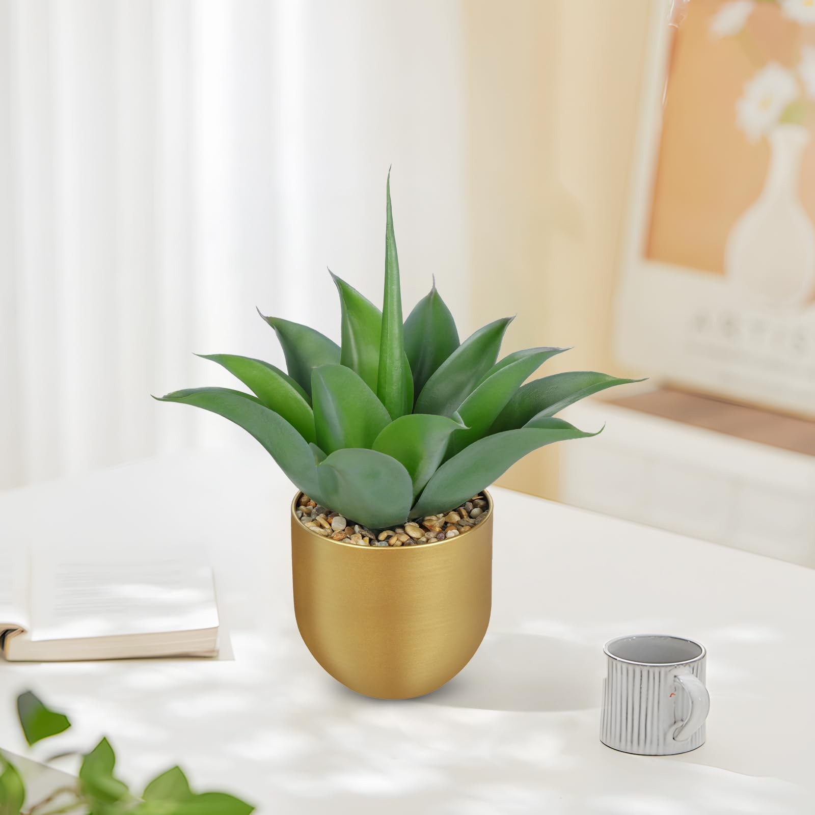 13 Inch Artificial Agave Plant Gold Metal Pot Gray-Green Faux Succulent
