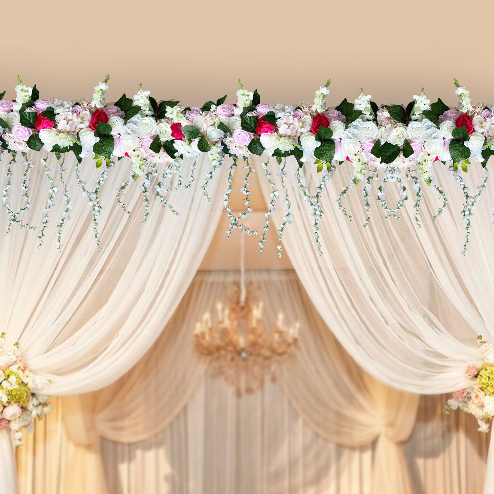 Artificial Silk Flowers Row, 1M Long Artificial Silk 3D Flowers Row Decoration