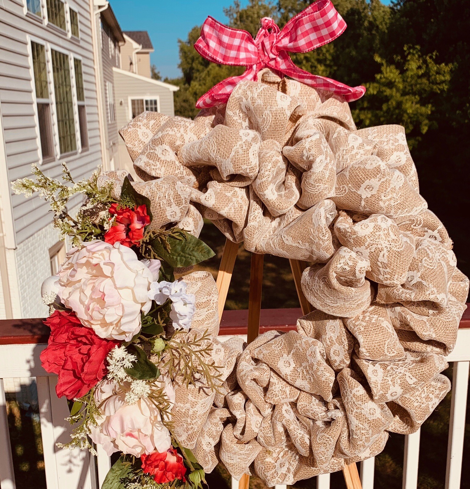 18” Front Door Wreath, Burlap And Flower – New Handmade