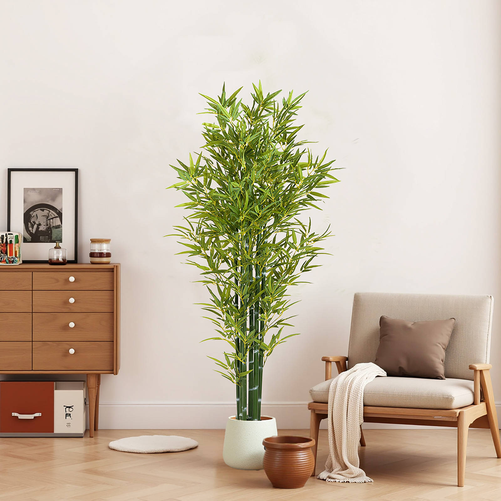 Set of 2 Artificial Bamboo Plants in Pots, Lucky Faux Greenery Decor