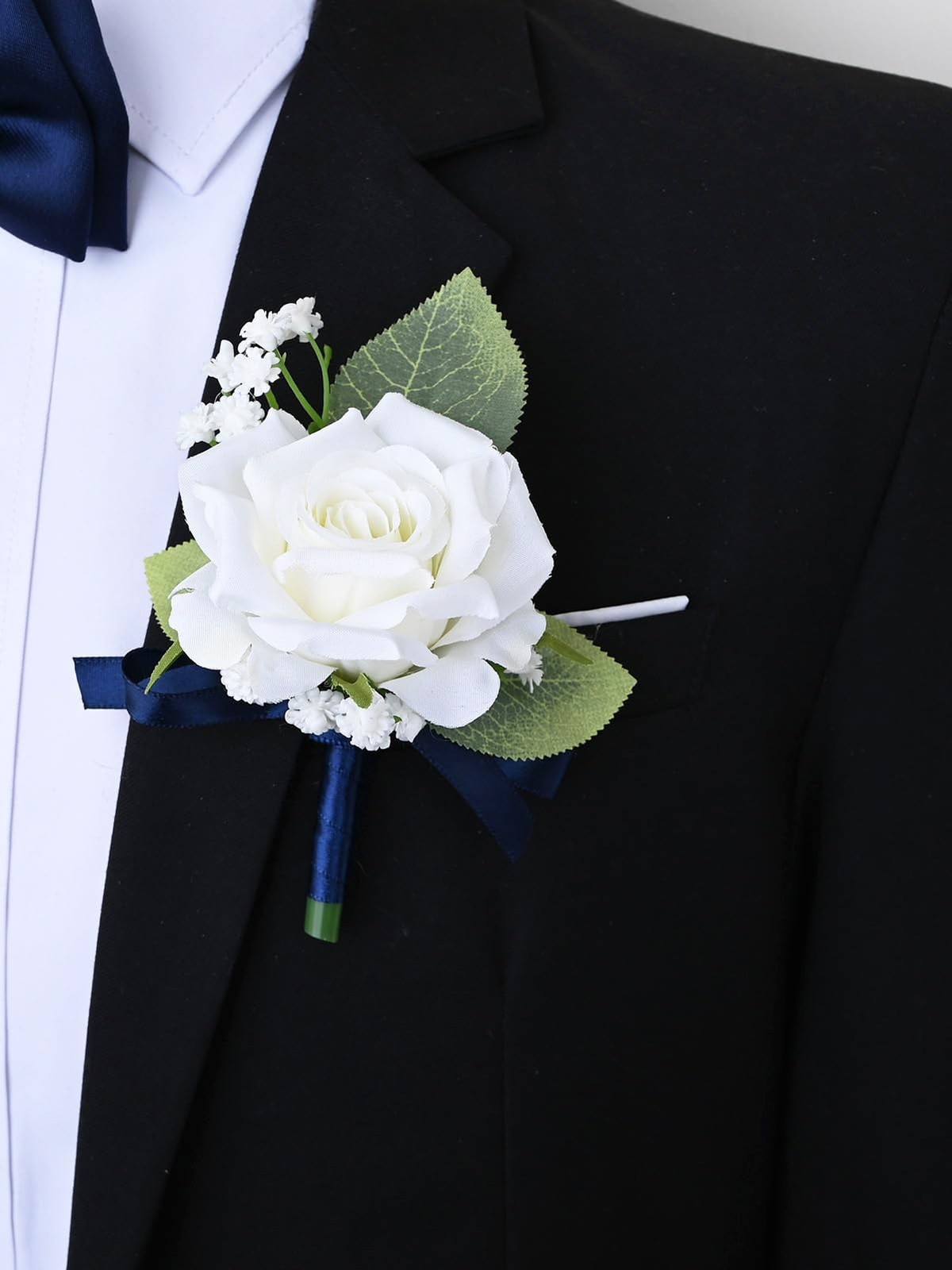 2 PCS Boutonniere Corsage Set Artificial Rose Groom Prom White Navy Blue