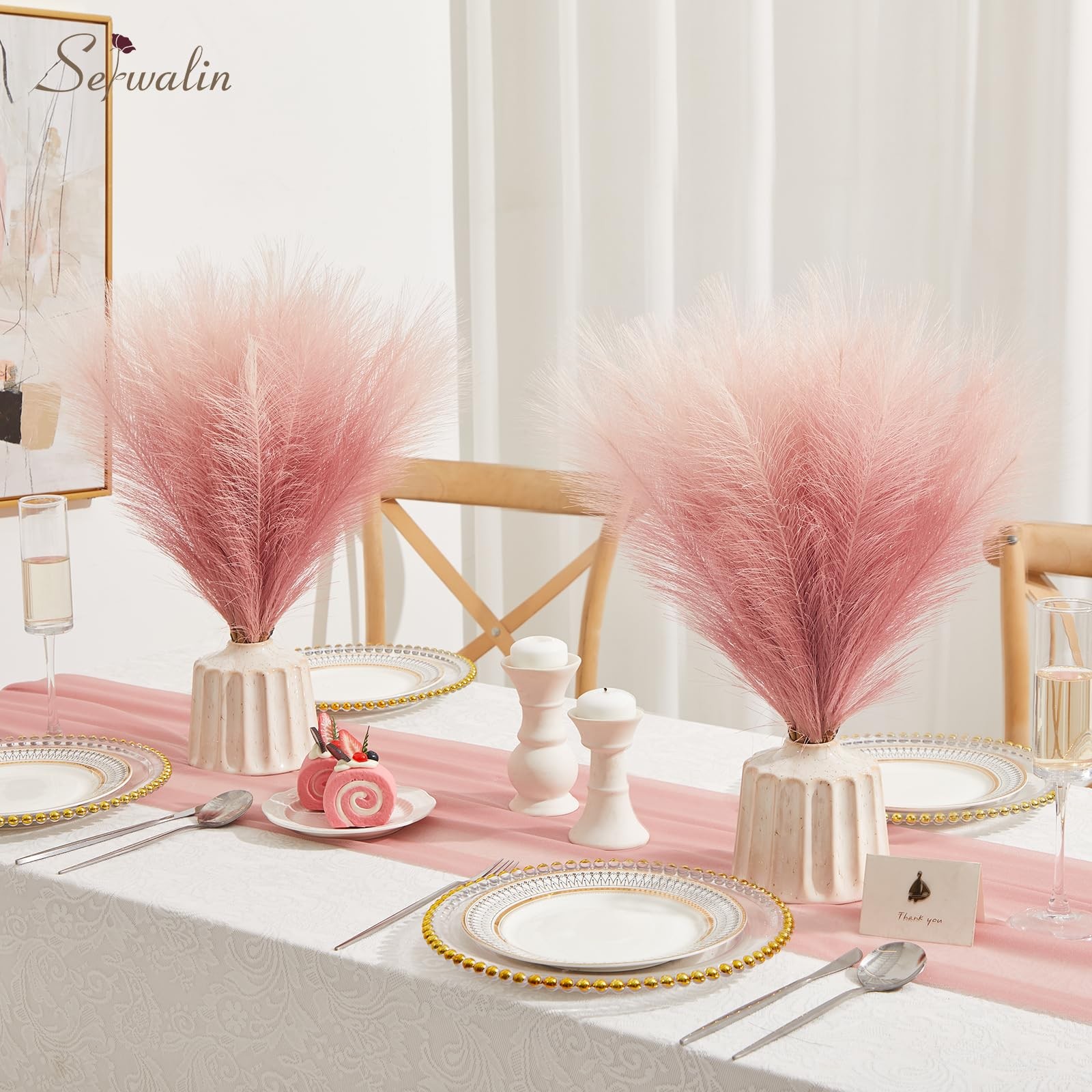 6 PCS 17.7 Inch Gradient Pink Artificial Fluffy Pampas Grass Faux Decor