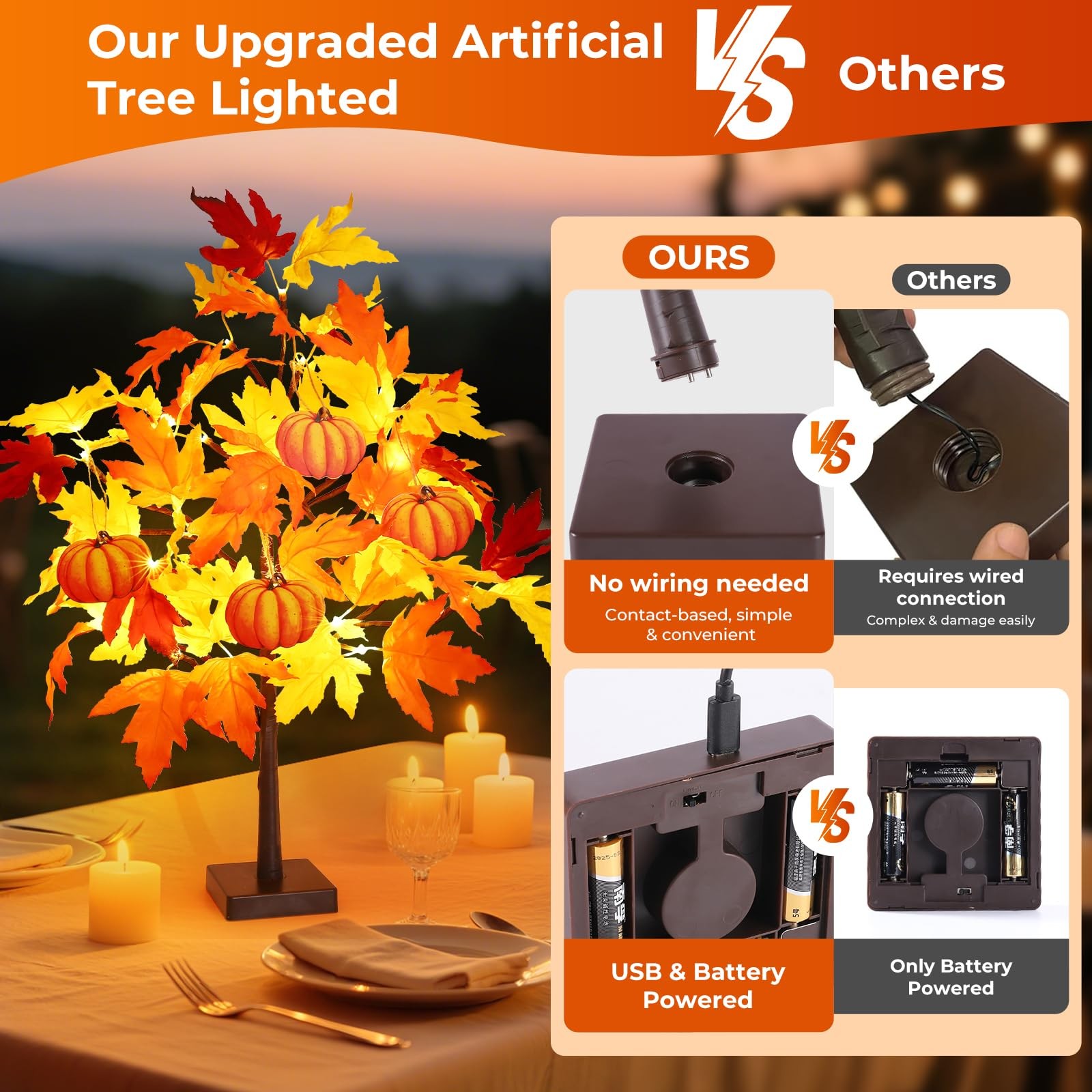 2 PCS 24 Inch Fall Maple Tree 48 LED Battery Lights 8 Pumpkin Ornaments